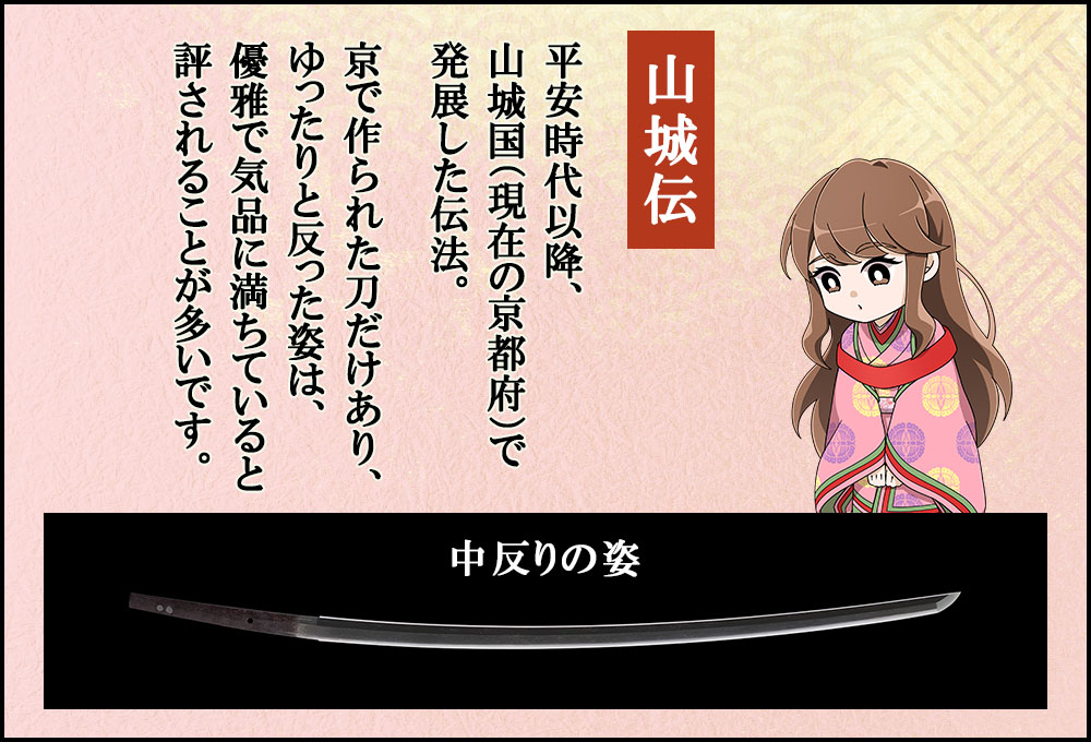 平安時代以降、山城国(現在の京都府)で発展した伝法。京で作られた刀だけあり、ゆったりと反った姿は、優雅で気品に満ちていると評されることが多いです。