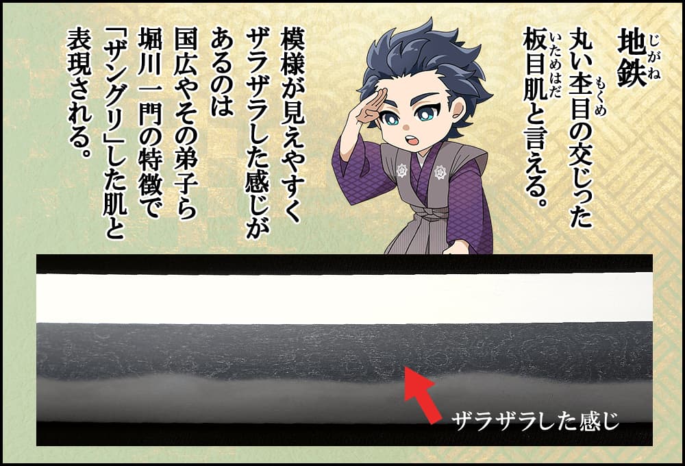 地鉄は丸い杢目の交じった板目肌と言える。模様が見えやすくザラザラした感じがあるのは国広やその弟子ら堀川一門の特徴で「ザングリ」した肌と表現される。