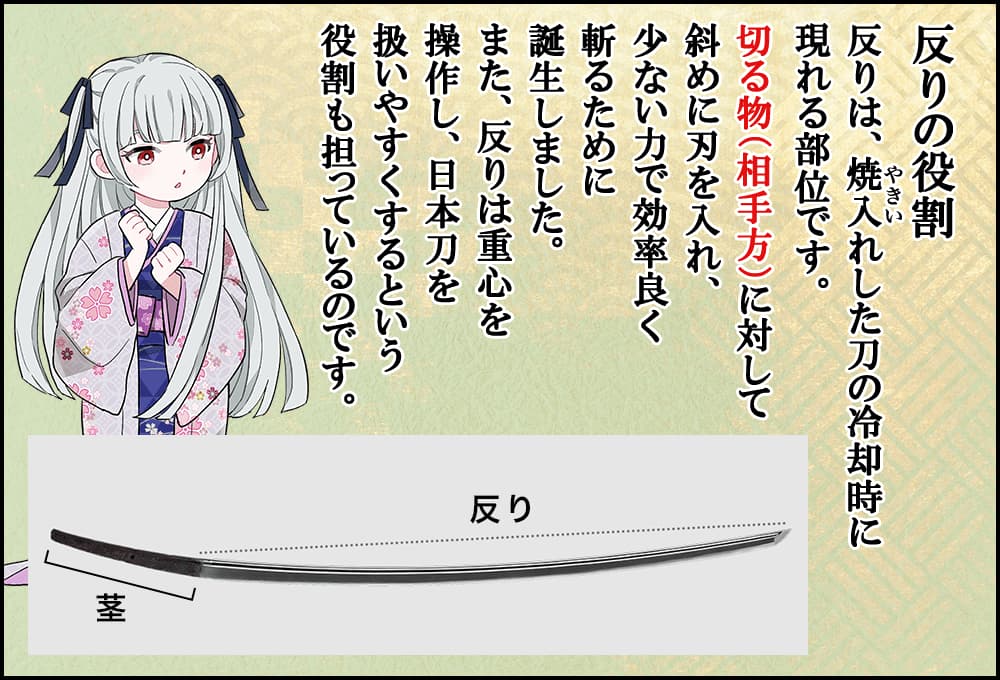 反りは、焼入れした刀の冷却時に現れる部位です。切る物（相手方）に対して斜めに刃を入れ、少ない力で効率良く斬るために誕生しました。また、反りは重心を操作し、日本刀を扱いやすくするという役割も担っているのです。