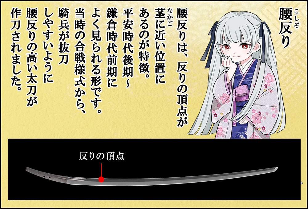腰反りは、反りの頂点が茎に近い位置にあるのが特徴。平安時代後期～鎌倉時代前期によく見られる形です。当時の合戦様式から、騎兵が抜刀しやすいように腰反りの高い太刀が作刀されました。