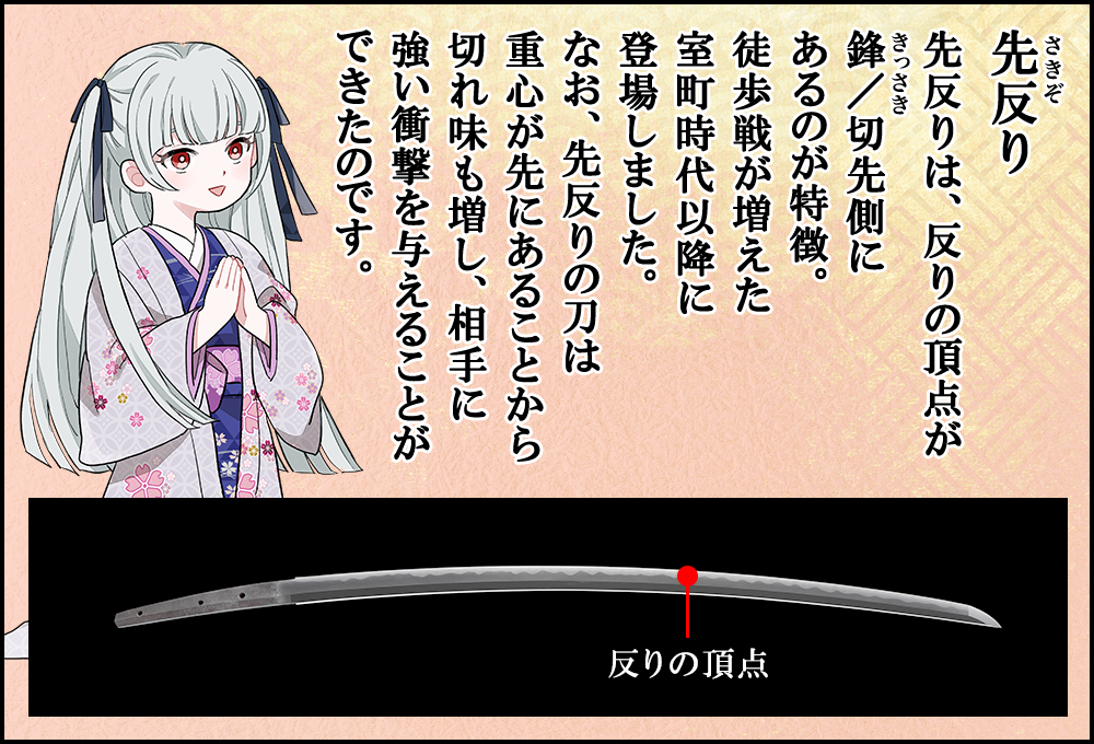 先反りは、反りの頂点が鋒／切先側にあるのが特徴。徒歩戦が増えた室町時代以降に登場しました。なお、先反りの刀は重心が先にあることから切れ味も増し、相手に強い衝撃を与えることができたのです。