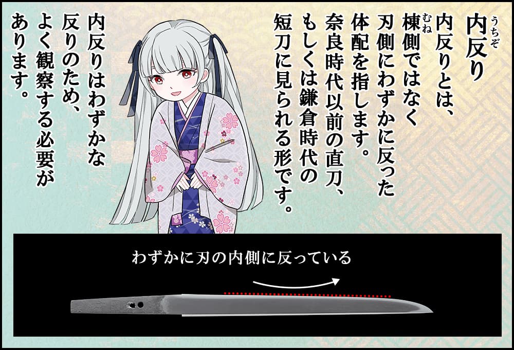 内反りとは、棟側ではなく刃側にわずかに反った体配を指します。奈良時代以前の直刀、もしくは鎌倉時代の短刀に見られる形です。内反りはわずかな反りのため、よく観察する必要があります。